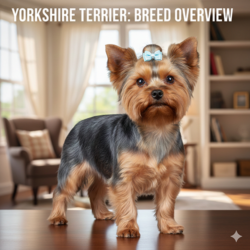 Ảnh chó sục Yorkshire (Yorkshire Terrier) đứng trên bàn trong phòng khách sáng, dùng cho bài viết giới thiệu giống chó Yorkie.