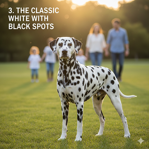 Chó Dalmatian trắng đốm đen đứng trên bãi cỏ, phía sau là gia đình đi dạo mờ nền