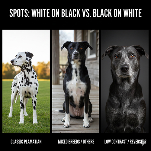 Hình ảnh chó trắng đốm đen Dalmatian so sánh với chó đen đốm trắng khác giống