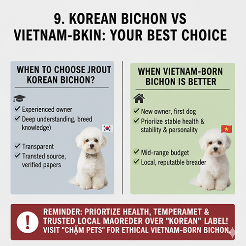 Infographic so sánh thời điểm nên chọn Bichon Hàn Quốc và khi nào Bichon sinh tại Việt Nam phù hợp hơn, nhấn mạnh ưu tiên sức khỏe và tính cách