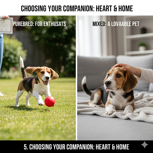 Hình ảnh minh họa lựa chọn giữa chó Beagle thuần chủng năng động ngoài trời và chó Beagle lai hiền hòa trong không gian gia đình