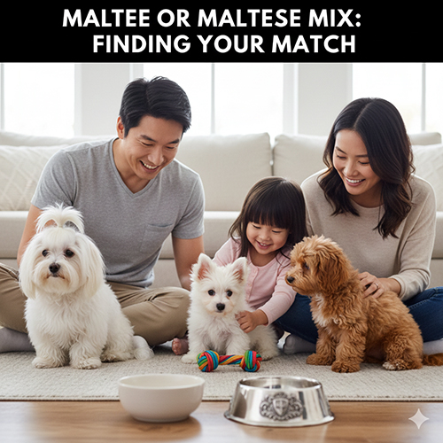 Gia đình hạnh phúc bên chó Maltese thuần và chó Maltese lai trong không gian nhà