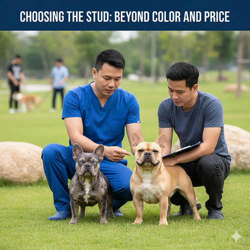 Hai người đang đánh giá hai chú chó Bull Pháp đực ngoài sân cỏ để chọn đực giống phù hợp, không chỉ dựa vào màu lông.