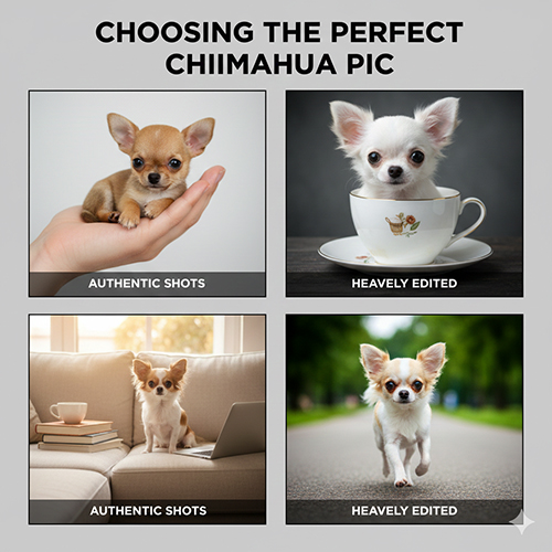 So sánh ảnh chó Chihuahua chụp thực tế và ảnh stock khi chọn hình cho mạng xã hội, banner và avatar