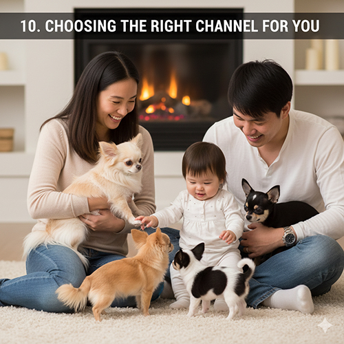 Ảnh gia đình vui đùa với đàn Chihuahua trong phòng khách ấm cúng.