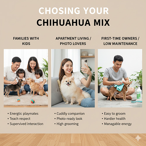 Ba nhóm gợi ý chọn Chihuahua lai Phốc phù hợp: gia đình có trẻ nhỏ, người sống chung cư thích chụp hình và người mới nuôi muốn bé dễ chăm.