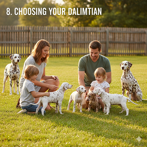 Gia đình cùng hai bé nhỏ chơi đùa với đàn chó Đốm con nhiều kiểu đốm khác nhau trên bãi cỏ