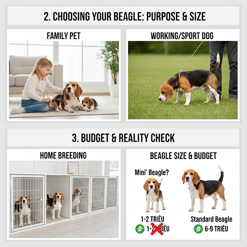 Hướng dẫn chọn mục đích nuôi, size Beagle và kiểm tra ngân sách thực tế trước khi mua