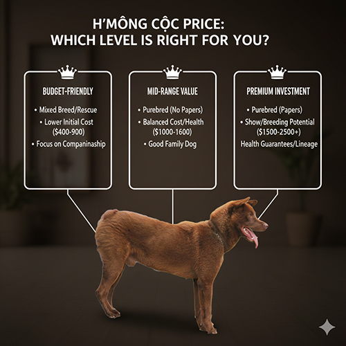 Gợi ý lựa chọn mức giá chó Mông Cộc phù hợp theo nhu cầu: nuôi chơi, nuôi gia đình hoặc đầu tư giống; minh họa bằng hình một bé Mông Cộc nâu đỏ.