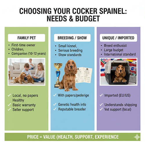 Chọn phân khúc giá chó Cocker Spaniel theo nhu cầu làm thú cưng gia đình, breeding hay nhập khẩu