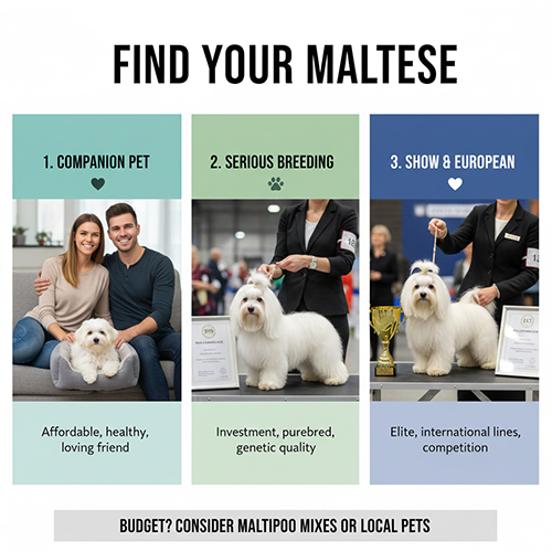 Hướng dẫn chọn phân khúc giá chó Maltese theo nhu cầu: nuôi làm bạn, làm giống lâu dài hoặc chơi show chuyên sâu
