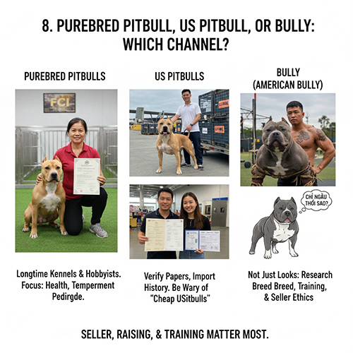 Ba hình minh họa sự khác biệt giữa Pitbull thuần chủng, Pitbull Mỹ và Bully, kèm giấy tờ và người chơi lâu năm.