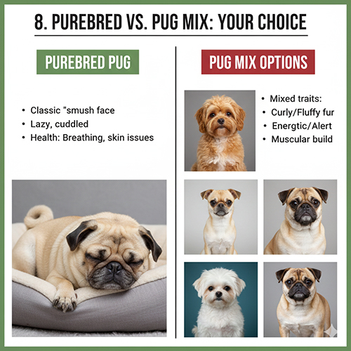Hình ảnh so sánh giữa chó Pug thuần và các lựa chọn Pug lai với ngoại hình và tính cách đa dạng