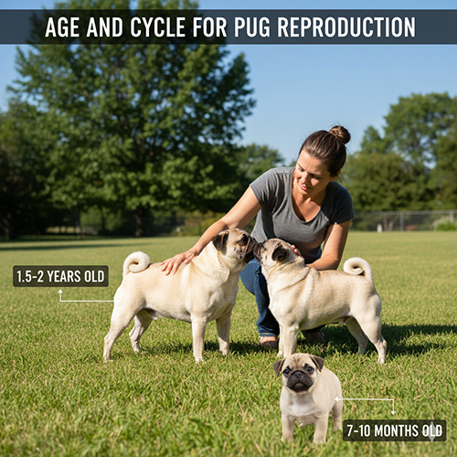 Hình ảnh minh họa độ tuổi sinh sản và chu kỳ phối giống của chó Pug qua các giai đoạn phát triển