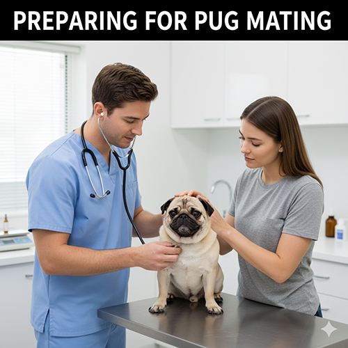 Bác sĩ thú y kiểm tra sức khỏe chó Pug trước khi phối giống, đảm bảo thể trạng sẵn sàng sinh sản