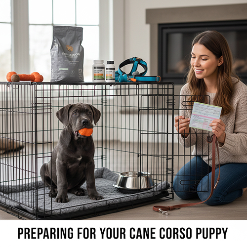 Chó Ngao Ý Cane Corso con trong chuồng, chuẩn bị đồ dùng trước khi về nhà