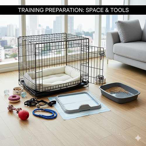 Bộ dụng cụ huấn luyện chó Bull Pháp gồm lồng, khay vệ sinh, đồ chơi và phụ kiện được chuẩn bị trong phòng khách