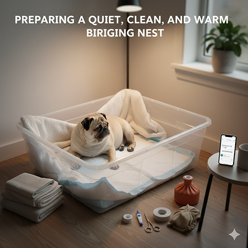 Ổ sinh sạch sẽ và ấm áp cho chó Pug sắp đẻ, giúp chó mẹ yên tâm sinh con và chăm sóc đàn con