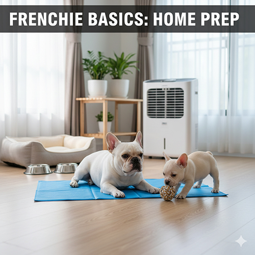 không gian sống trong nhà phù hợp cho chó bull pháp với nệm mát và thiết bị làm mát