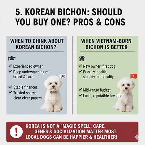 Infographic so sánh khi nào nên chọn Bichon Hàn Quốc và khi nào Bichon sinh tại Việt Nam phù hợp hơn, kèm cảnh báo “Hàn Quốc không phải phép màu”