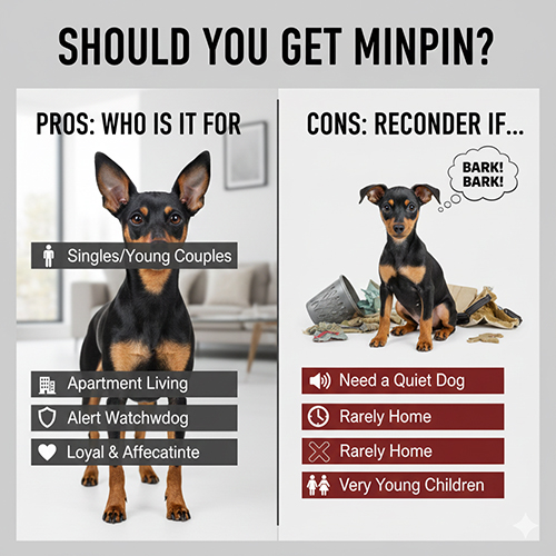 Hình chia đôi minh họa đối tượng phù hợp và không phù hợp để nuôi Phốc hươu: người trẻ, sống căn hộ, thích chó cảnh giác; và người cần chó yên tĩnh hoặc quá bận rộn.