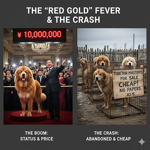 Hình ảnh đối lập cơn sốt Ngao Tây Tạng tại Trung Quốc với giá trị cao và giai đoạn suy thoái khi chó bị bán rẻ, bỏ rơi