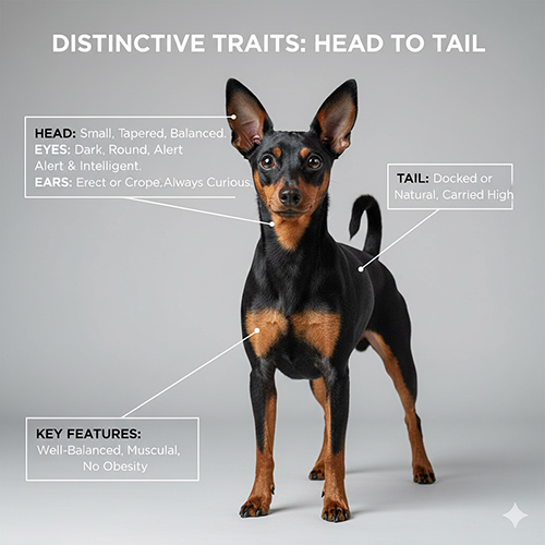 Chó Phốc hươu (Minpin) đứng chính diện, hiển thị rõ đầu nhỏ thon, mắt tròn đen, tai dựng và đuôi cao – các đặc điểm nhận diện thuần chủng.