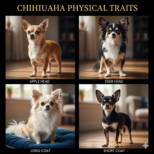 Hình minh họa đặc điểm ngoại hình Chihuahua gồm đầu táo, đầu hươu, lông dài và lông ngắn
