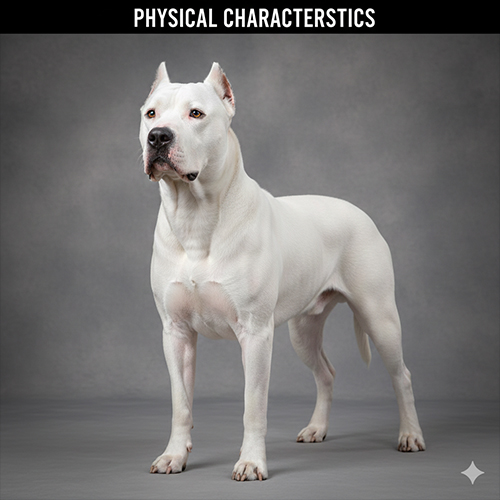 Chó Dogo Argentino màu trắng đứng thẳng khoe cơ bắp săn chắc và thân hình thể thao