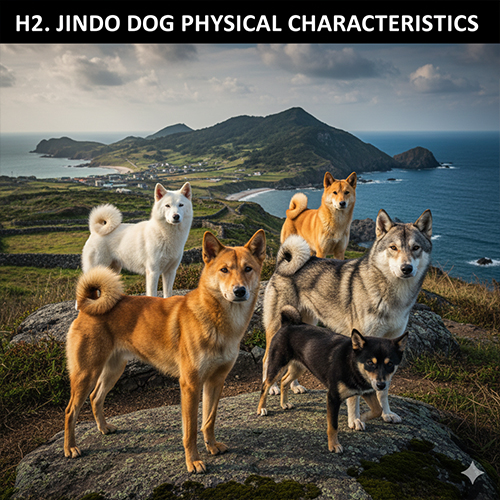 Các màu lông và vóc dáng đặc trưng của chó Jindo Hàn Quốc với thân hình gọn gàng, cơ bắp