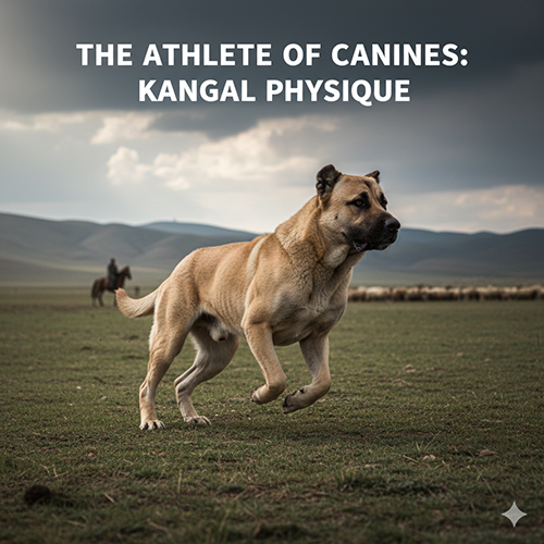 Hình chó Kangal đang chạy mạnh mẽ trên đồng cỏ Anatolia, cơ bắp rõ rệt và thân hình săn chắc