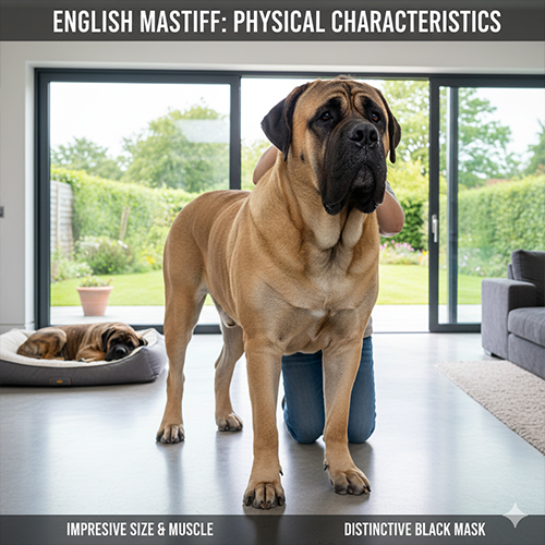 Chó Ngao Anh English Mastiff đứng trong nhà, thân hình khổng lồ, cơ bắp nặng và mặt nạ đen đặc trưng