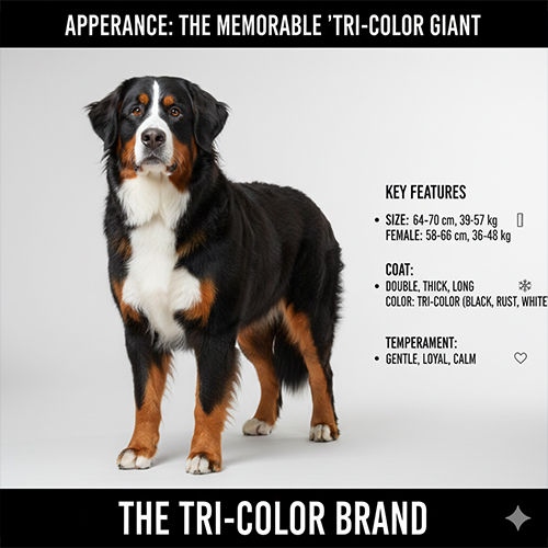 Đặc điểm ngoại hình chó Núi Bernese với bộ lông tam sắc và vóc dáng lớn