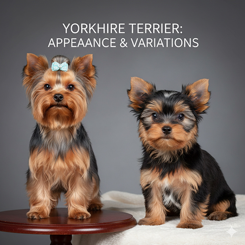 Ảnh hai chú chó Yorkshire Terrier với ngoại hình nhỏ nhắn, lông mượt – minh họa đặc điểm ngoại hình và màu lông của giống.