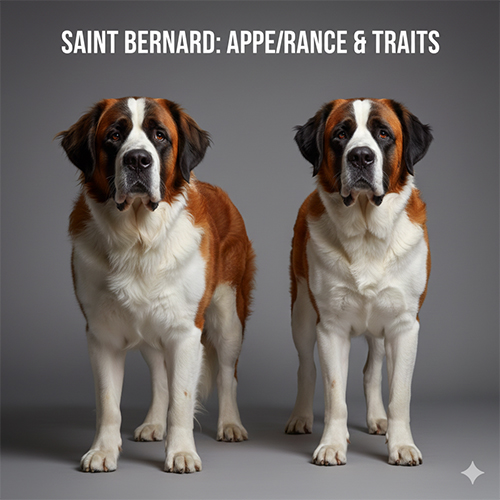 Hai chó Saint Bernard trưởng thành đứng thẳng thể hiện rõ ngoại hình to lớn cân đối