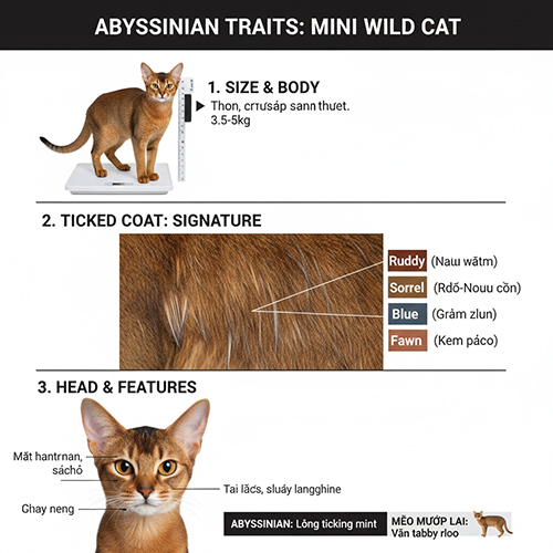 Đặc điểm ngoại hình mèo Abyssinian với thân hình thon gọn, lông ticking đặc trưng và dáng mèo rừng thu nhỏ
