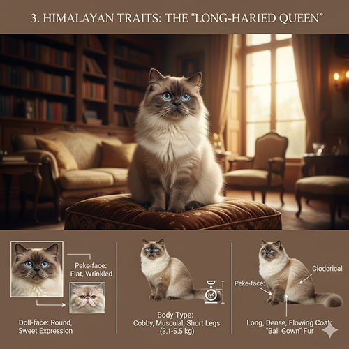 Đặc điểm ngoại hình mèo Himalaya lông dài, thân cobby, mặt tròn, mắt xanh lam