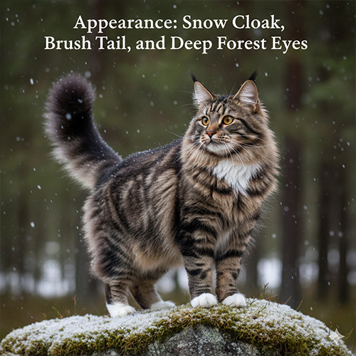 Mèo rừng Na Uy đứng trên mỏm đá có bộ lông dày hai lớp màu tabby và đôi tai có chùm lông lynx tips