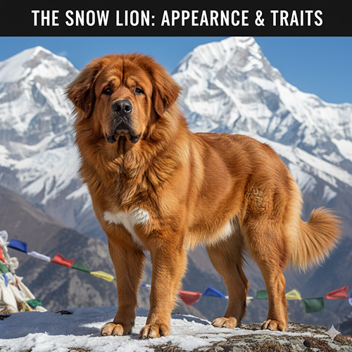 Chó Ngao Tây Tạng trưởng thành đứng trên núi tuyết với thân hình to lớn, lông dày và bờm cổ như sư tử