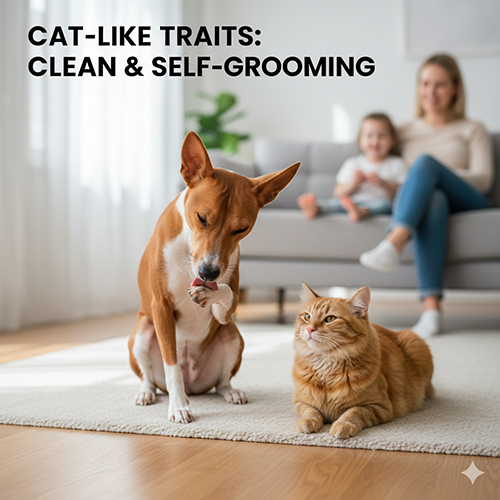 Chó Basenji tự liếm lông như mèo trong không gian sống sạch sẽ, yên tĩnh