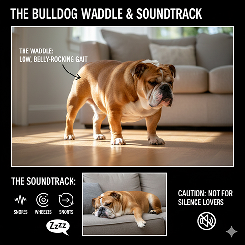 Dáng đi lắc lư và âm thanh đặc trưng như khò khè ngáy của Bulldog Anh