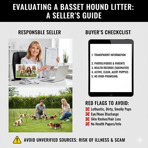 Ảnh minh họa cách đánh giá đàn chó Basset Hound: dấu hiệu người bán có trách nhiệm, checklist người mua và các “red flags” cần tránh