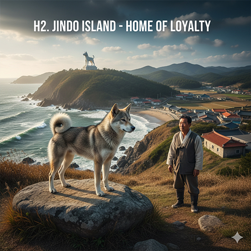Chó Jindo Hàn Quốc đứng trên mỏm đá nhìn ra đảo Jindo, biểu tượng của sự trung thành