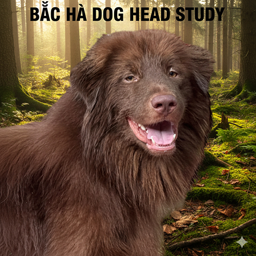 Đầu và khuôn mặt chó Bắc Hà xù với hộp sọ rộng, mõm vuông, biểu cảm mạnh mẽ