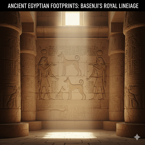 Hình khắc chó tai dựng đuôi cuộn trên phù điêu Ai Cập cổ đại giống chó Basenji