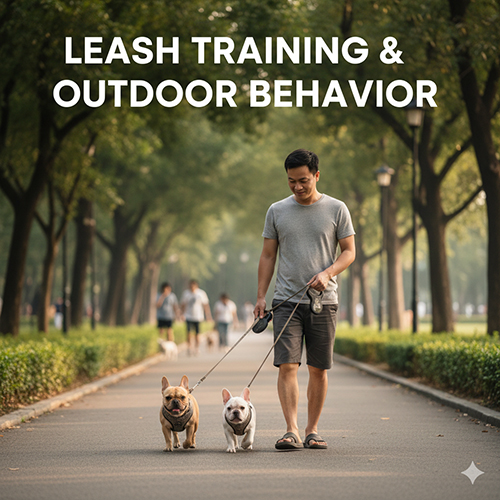 Chủ đang dắt hai bé Bull Pháp đi dạo trong công viên bằng dây dắt, cả hai đi cạnh chân chủ rất ngoan