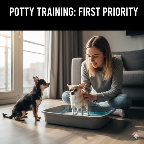 Dạy chó Chihuahua đi vệ sinh đúng chỗ bằng khay và tấm lót trong nhà