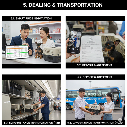 Hình minh họa quy trình deal giá, đặt cọc và vận chuyển chó Phốc hươu: thương lượng giá, ký thỏa thuận, gửi máy bay và gửi xe đường dài.
