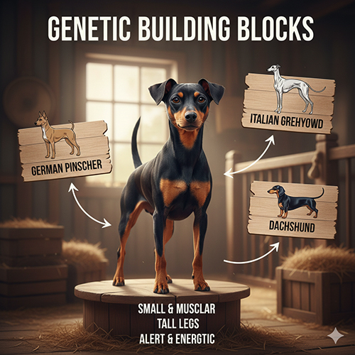 Chó Phốc hươu (Minpin) đứng trên bục gỗ, xung quanh là bảng minh họa German Pinscher, Italian Greyhound và Dachshund – thể hiện các “viên gạch” di truyền tạo nên giống Minpin.