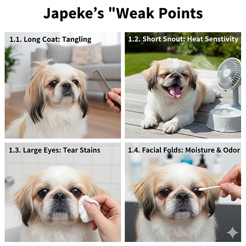 Những điểm yếu thường gặp của chó Bắc Kinh lai Nhật như lông dài, mặt ngắn, mắt to và nếp gấp mặt